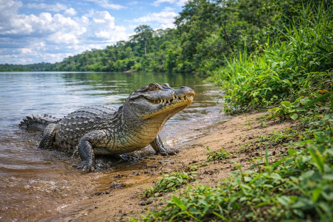 A caiman in an Amazon waterway