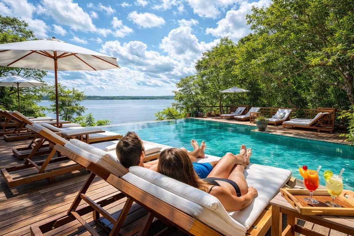 A jungle lodge raised above the water in the Brazilian Amazon near Manaus