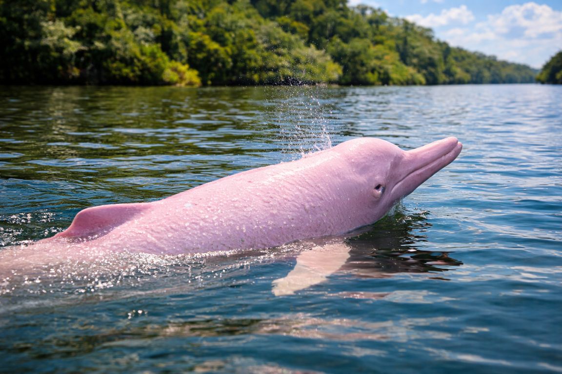 A pink river dolphin surfacing in the Amazon near Manaus, Brazil