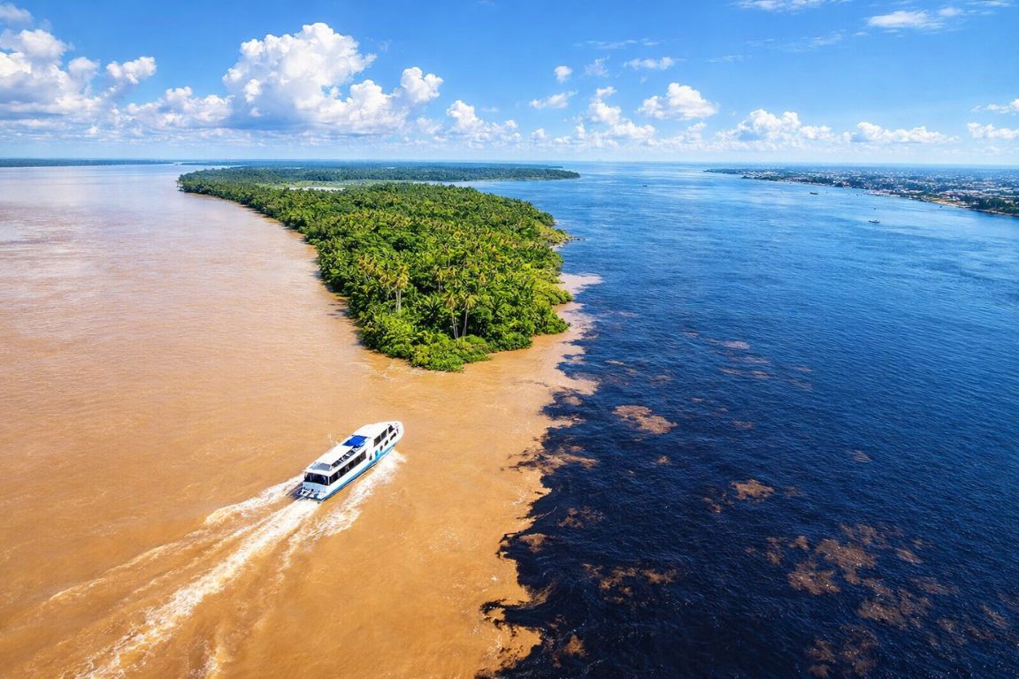 The pale sediment-rich Rio Solimoes flowing beside the dark Rio Negro near Manaus