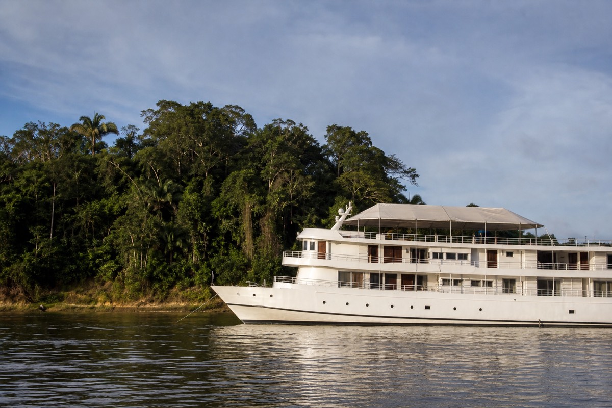 A multi-day river cruise vessel on the Amazon